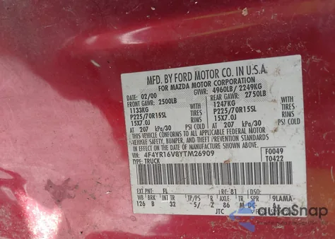 2000 Mazda B3000 Se/Tl z USA, uszkodzony, nr VIN 4F4YR16V8YTM26909